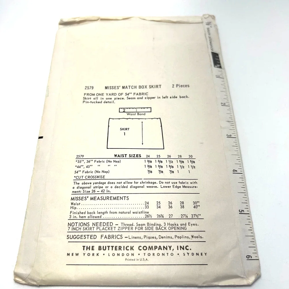 Butterick Vintage 1960's Pattern #2579 Misses Match Box Skirt Waist 25 HTF‎